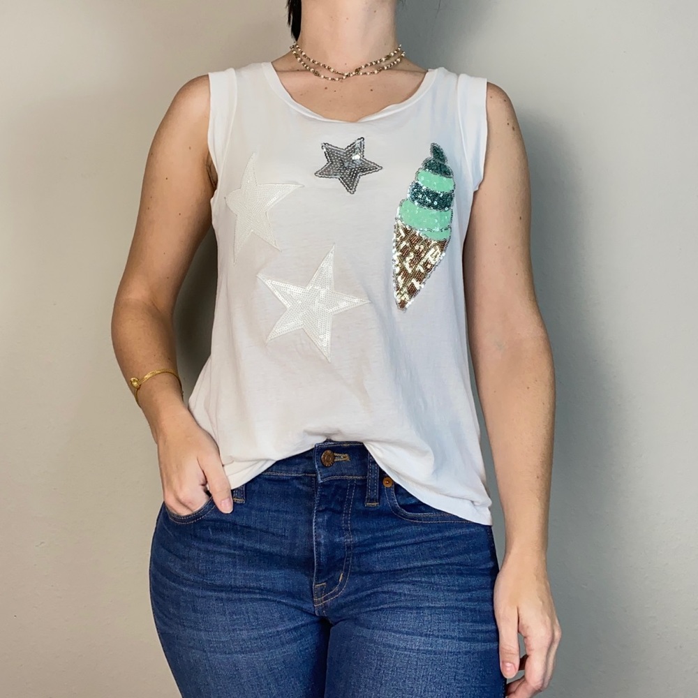 Koch Stars & Ice Cream Sequin White Cotton Tank